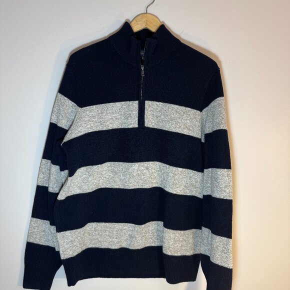 Brooks Brothers Navy Textured Striped Fine Wool Half-Zip Sweater Size L - Picture 1 of 6